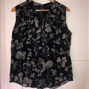 Tommy Hilfiger Navy Floral Ruffle-neck Blouse - L